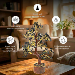 Natural Black Obsidian 300 Chips Crystal Tree with Wooden Base