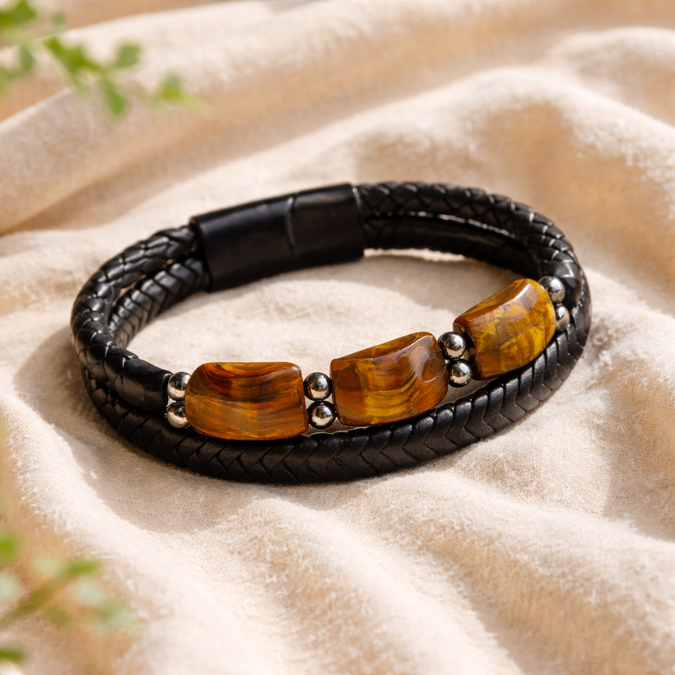 Karj Mukti Tiger Eye & Pyrite Leather Bracelet