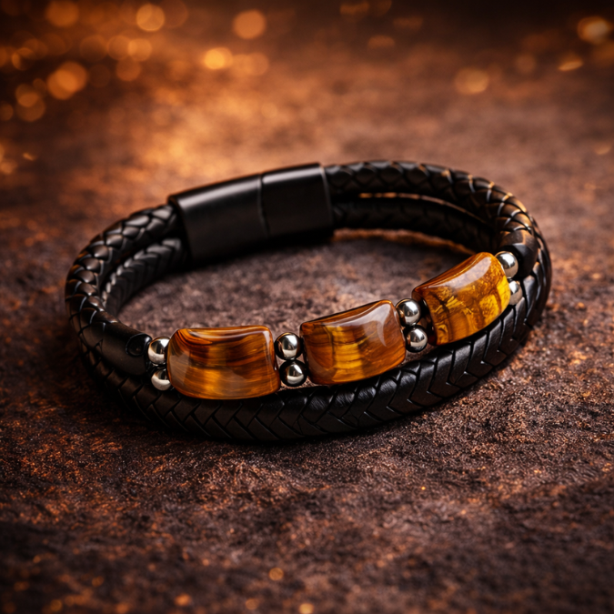 Karj Mukti Tiger Eye & Pyrite Leather Bracelet