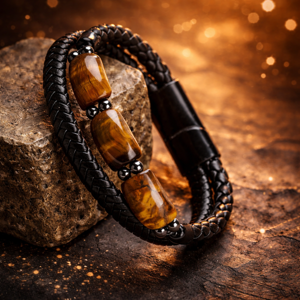 Karj Mukti Tiger Eye & Pyrite Leather Bracelet
