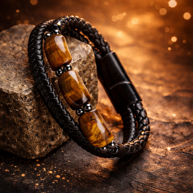 Karj Mukti Tiger Eye & Pyrite Leather Bracelet