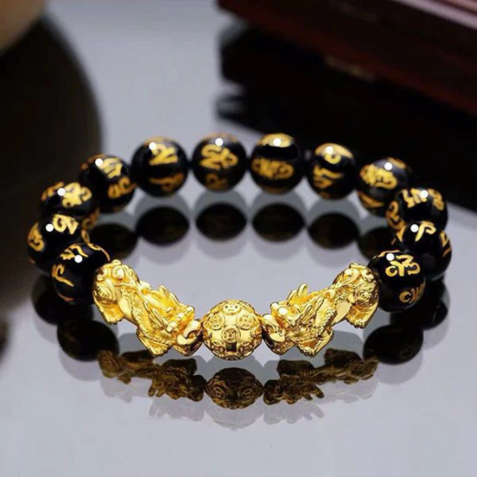 Natural Black Obsidian Double Fengshui Wealth Charm Bracelet