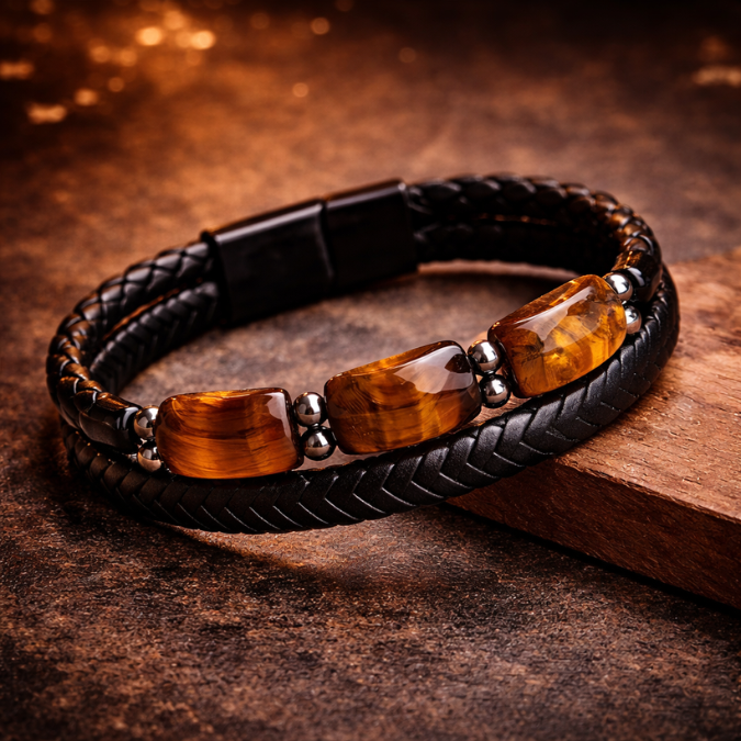 Karj Mukti Tiger Eye & Pyrite Leather Bracelet