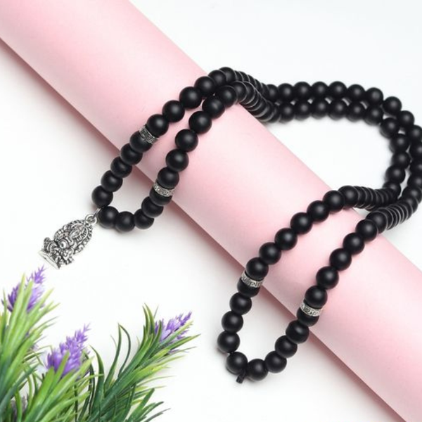 Black Onyx & Matte Agate With Stainless Steel Ganesha Pendant