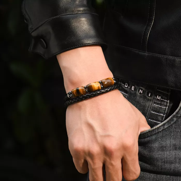 Karj Mukti Tiger Eye & Pyrite Leather Bracelet