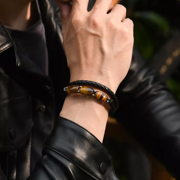 Karj Mukti Tiger Eye & Pyrite Leather Bracelet
