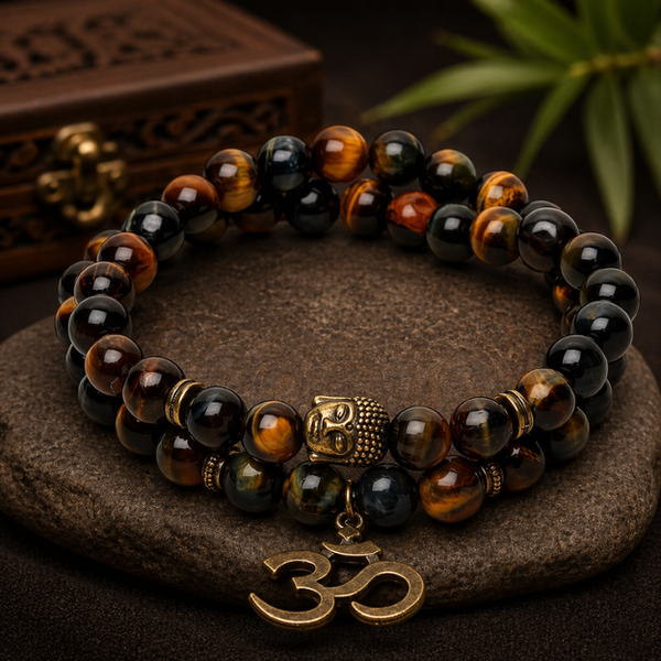 Natural Mix Tiger Eye Om Buddha Bracelet