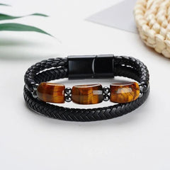 Karj Mukti Tiger Eye & Pyrite Leather Bracelet