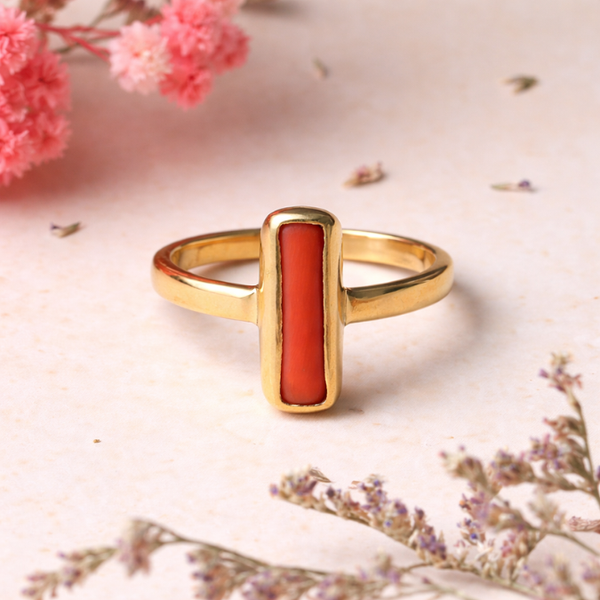 Natural Red Coral ( Moonga Stone ) Ashtadhatu Adjustable Ring