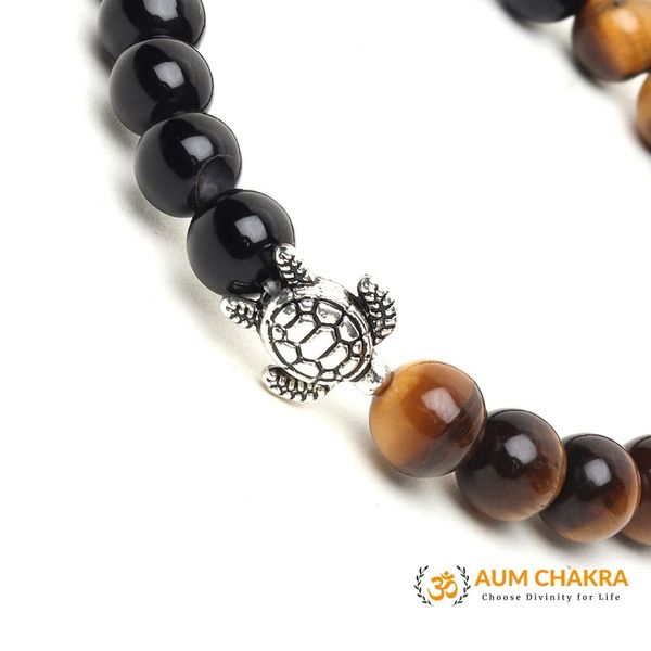 Natural Tiger Eye & Black Onyx Stone Turtle Good Luck Bracelet