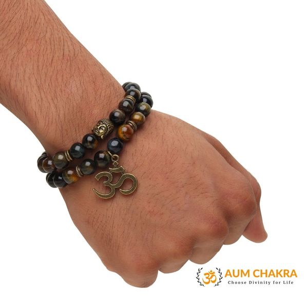 Natural Mix Tiger Eye Om Buddha Bracelet
