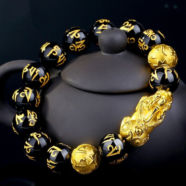 Natural Black Obsidian Stone Feng Shui Pixiu Wealth Bracelet