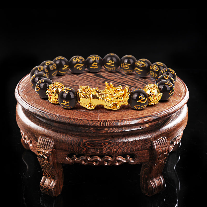 Natural Black Obsidian Stone Feng Shui Pixiu Wealth Bracelet