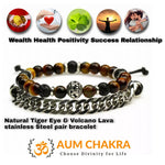 Natural Tiger eye & Lava Stainless steel Pair Wealth Bracelet